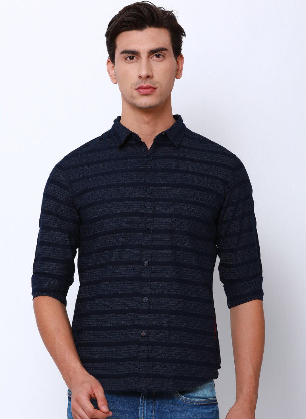 LOCOMOTIVE Navy Blue Slim Fit Striped Casual Shirt