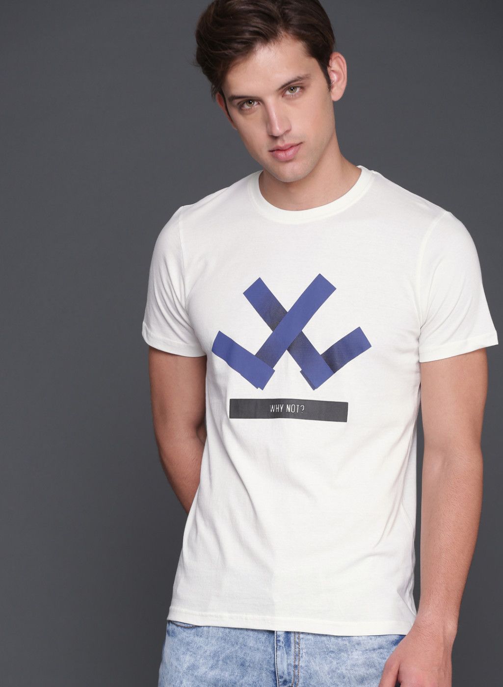 WROGN Off White Printed Regular Fit Round Neck T-shirt