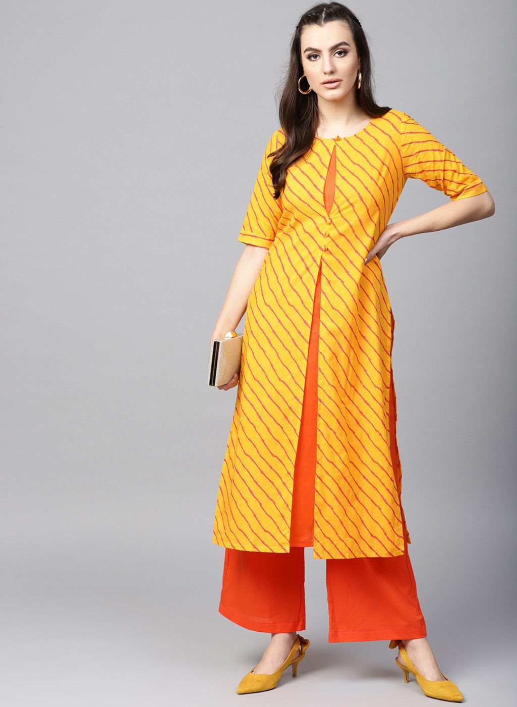 AKS Yellow & Orange Striped Layered Straight Kurta