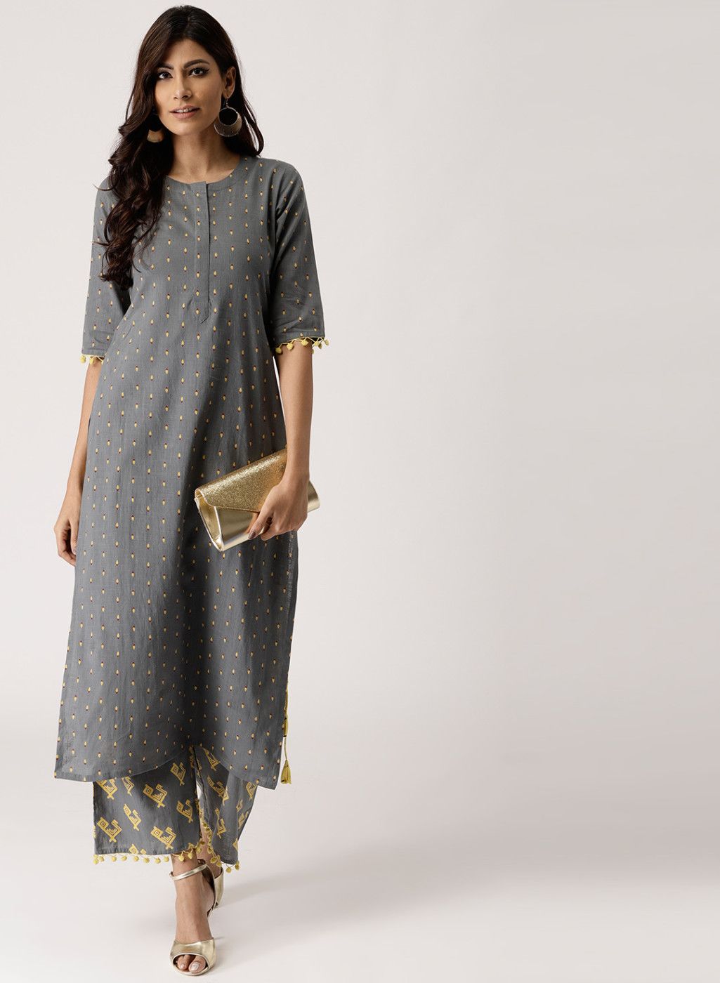 Libas Grey & Yellow Printed Kurta with Palazzos