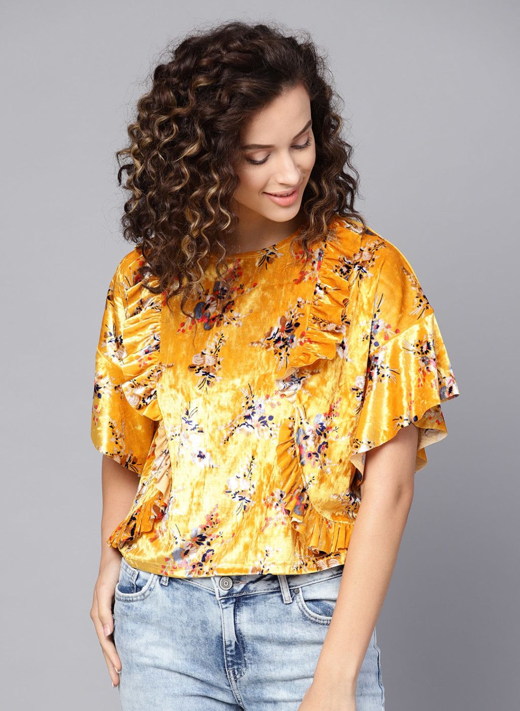 SASSAFRAS Mustard Yellow Printed Velvet Boxy Top