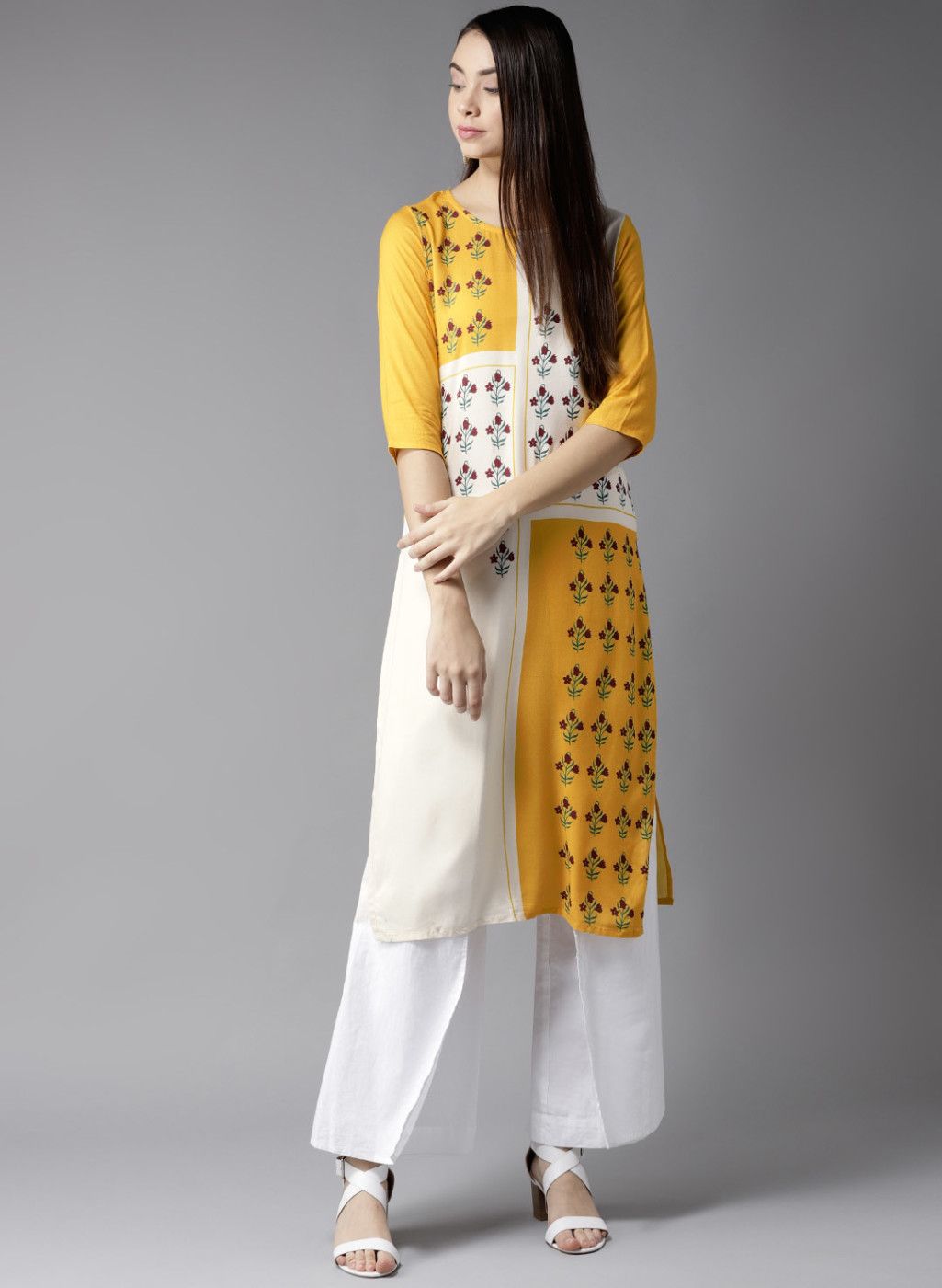 Moda Rapido Yellow & White Block Print Straight Kurta