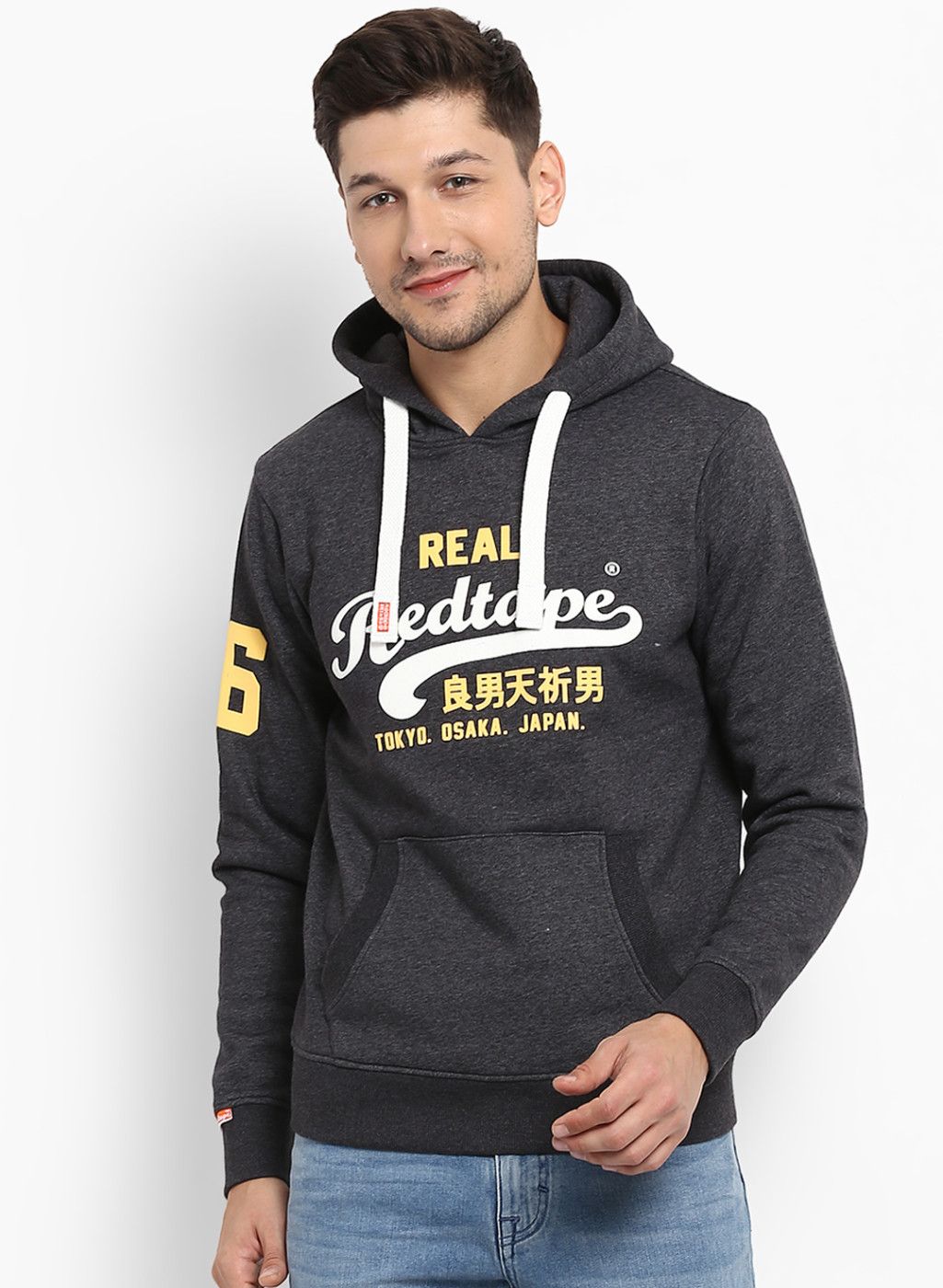 Red Tape Black & Charcoal Printed Hooded Sweatshirt