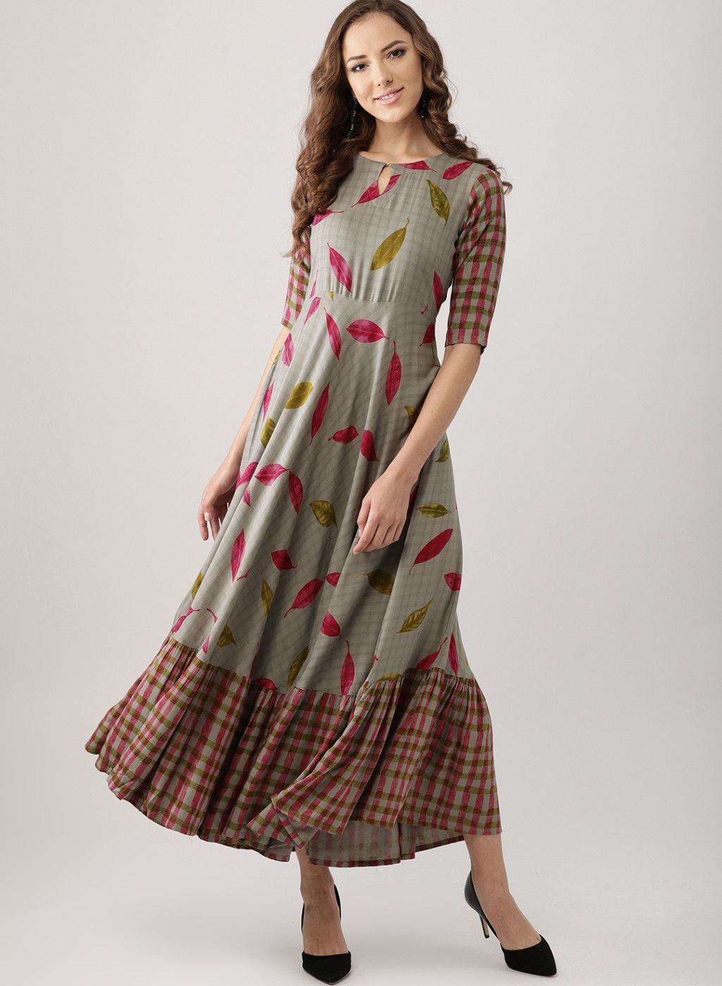 Libas Grey & Magenta Printed Checked Maxi Dress