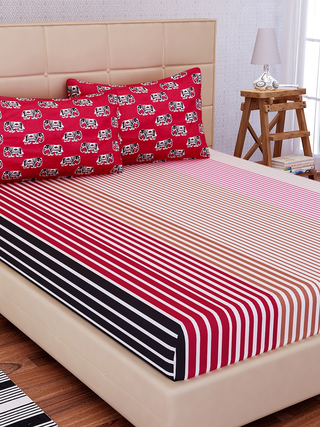 SEJ by Nisha Gupta Red & Brown Flat 144 TC Cotton 1 Double Bedsheet with 2 Pillow Covers Price in India
