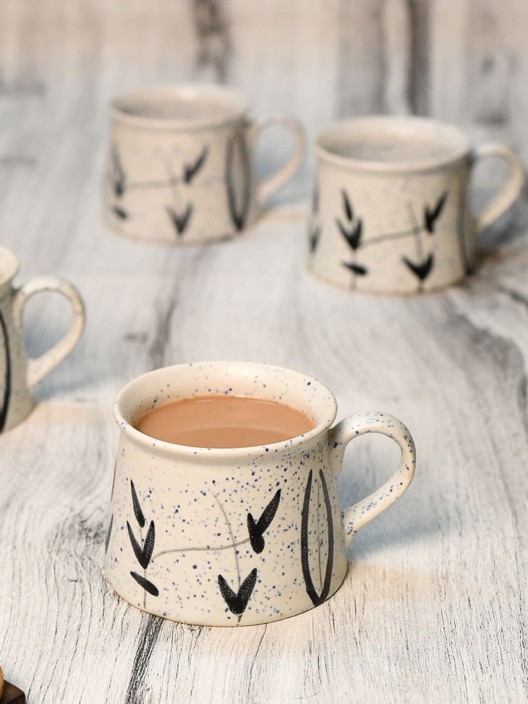 Unravel India Brown & Off-White Set of 6 Printed Cups Set Price in India