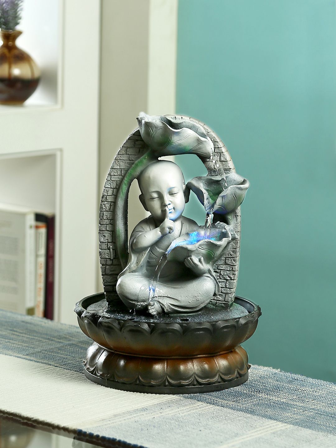 Aapno Rajasthan Grey Handcrafted Serene Buddha Indoor Water Fountain with Light Price in India