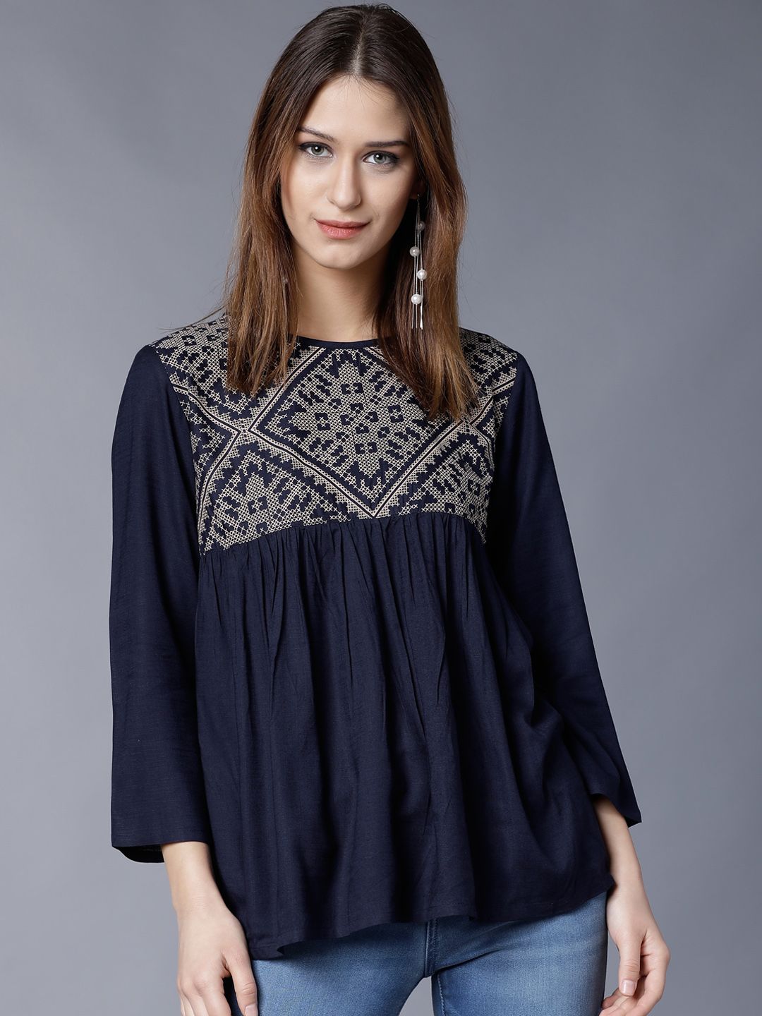 Tokyo Talkies Women Navy Blue Solid Top