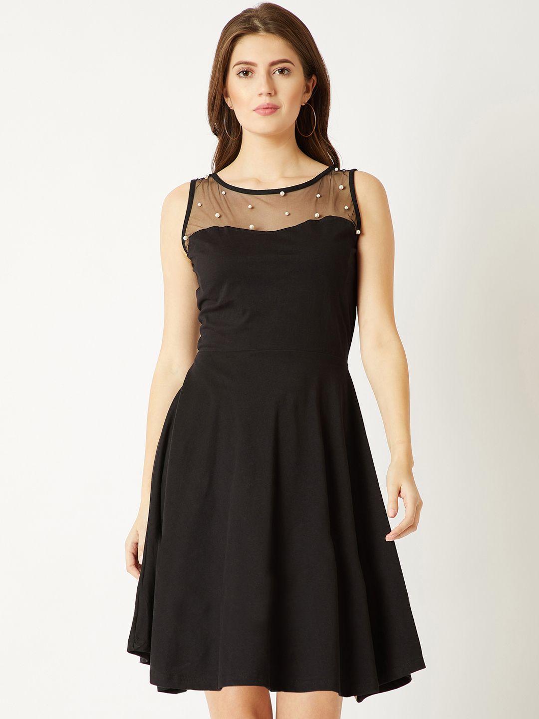 Miss Chase Women Black Pearl Embellished Fit and Flare Dress Price in India