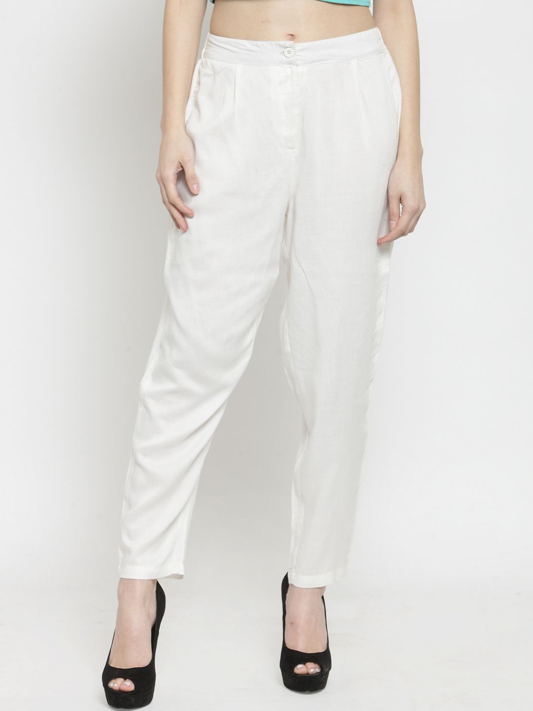 Sera Women White Tapered Fit Solid Cigarette Trousers Price in India