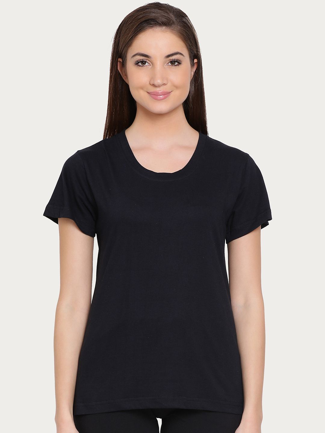 Clovia Women Black Solid Round Neck Lounge T-shirt Price in India