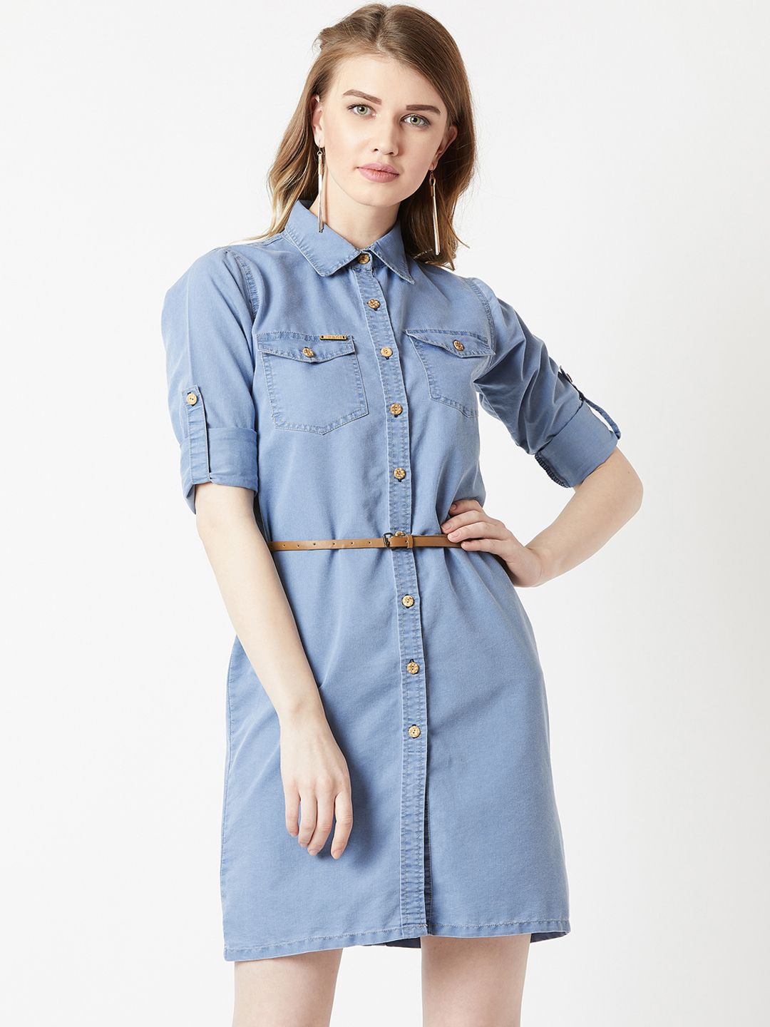 Miss Chase Women Blue Solid Denim Shirt Dress Price in India