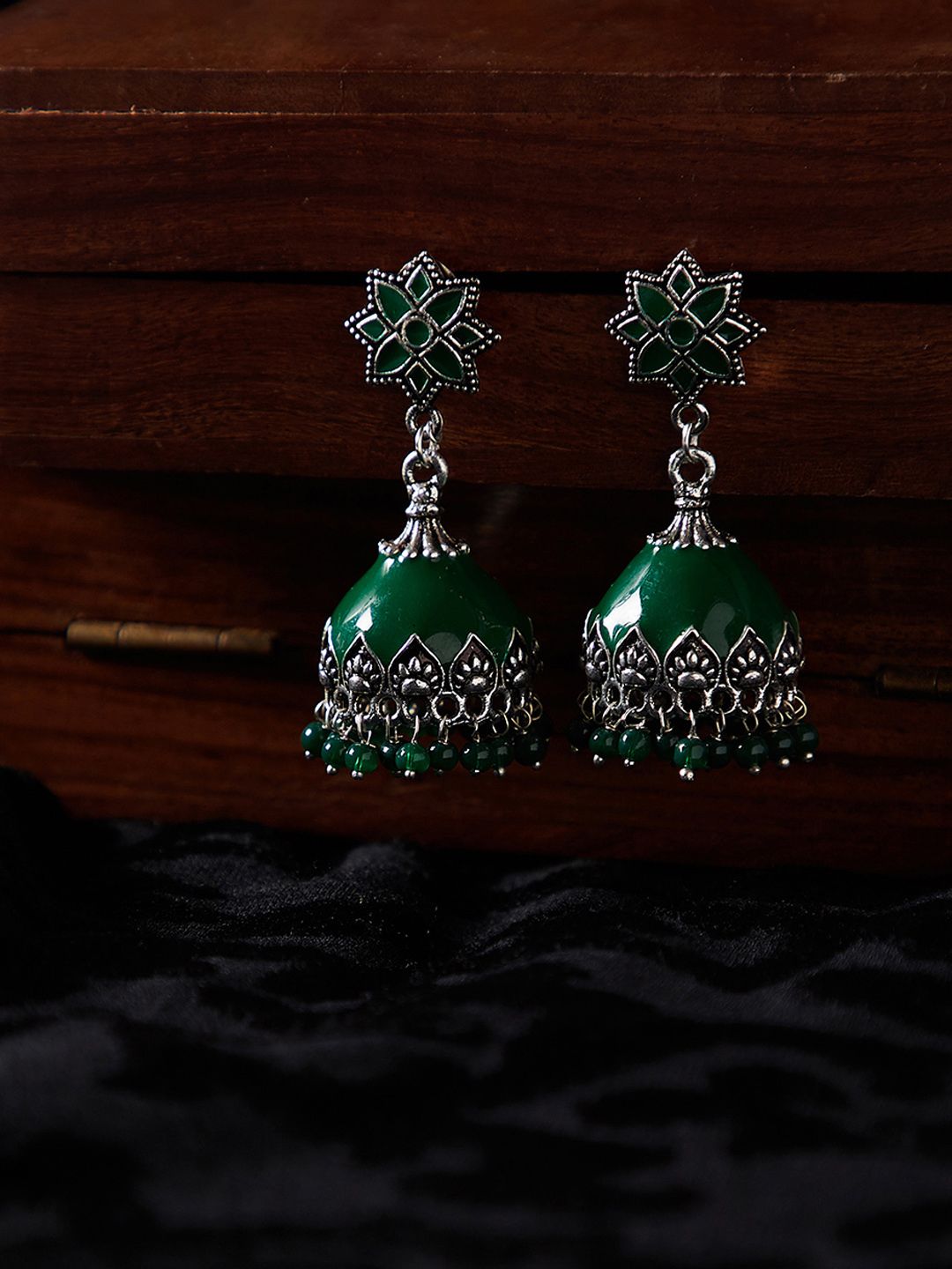 PANASH Silver-Toned & Green Dome Shaped Jhumkas Price in India