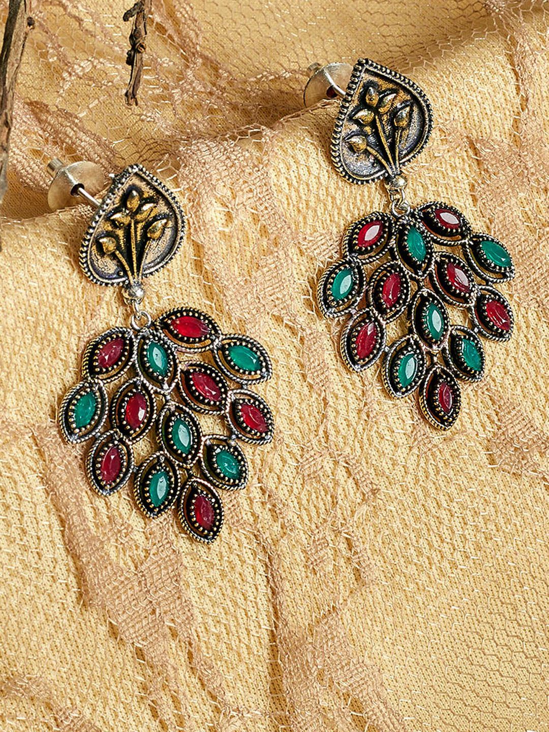 PANASH Silver-Plated & Red Oxidised Leaf Shaped Drop Earrings Price in India