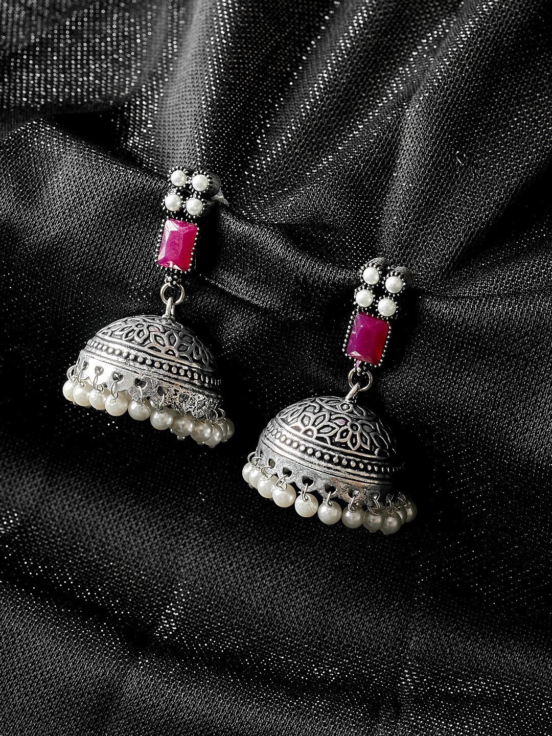 PANASH Silver-Plated & Pink Oxidised Jhumkas Price in India