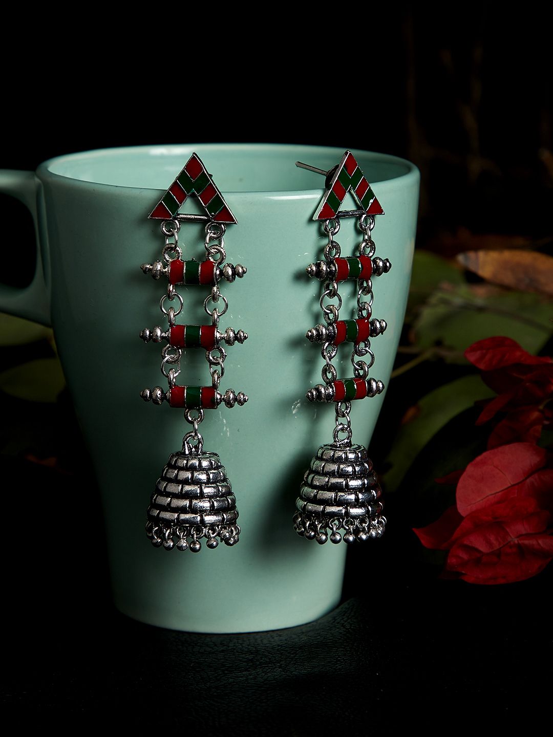 PANASH Silver-Toned & Red Triangular Jhumkas Price in India