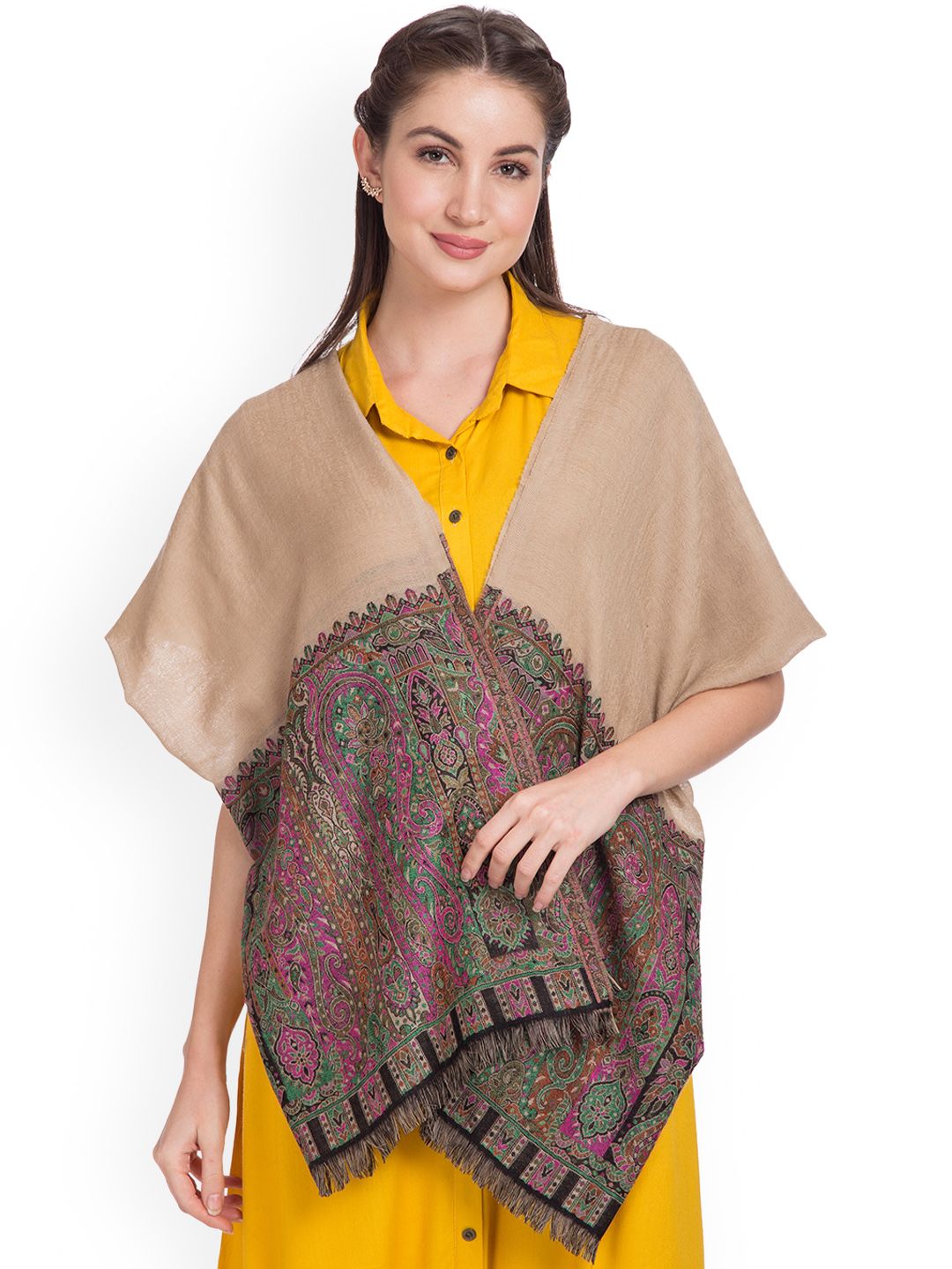 SHINGORA Women Beige & Green Woollen Woven Design Stole Price in India