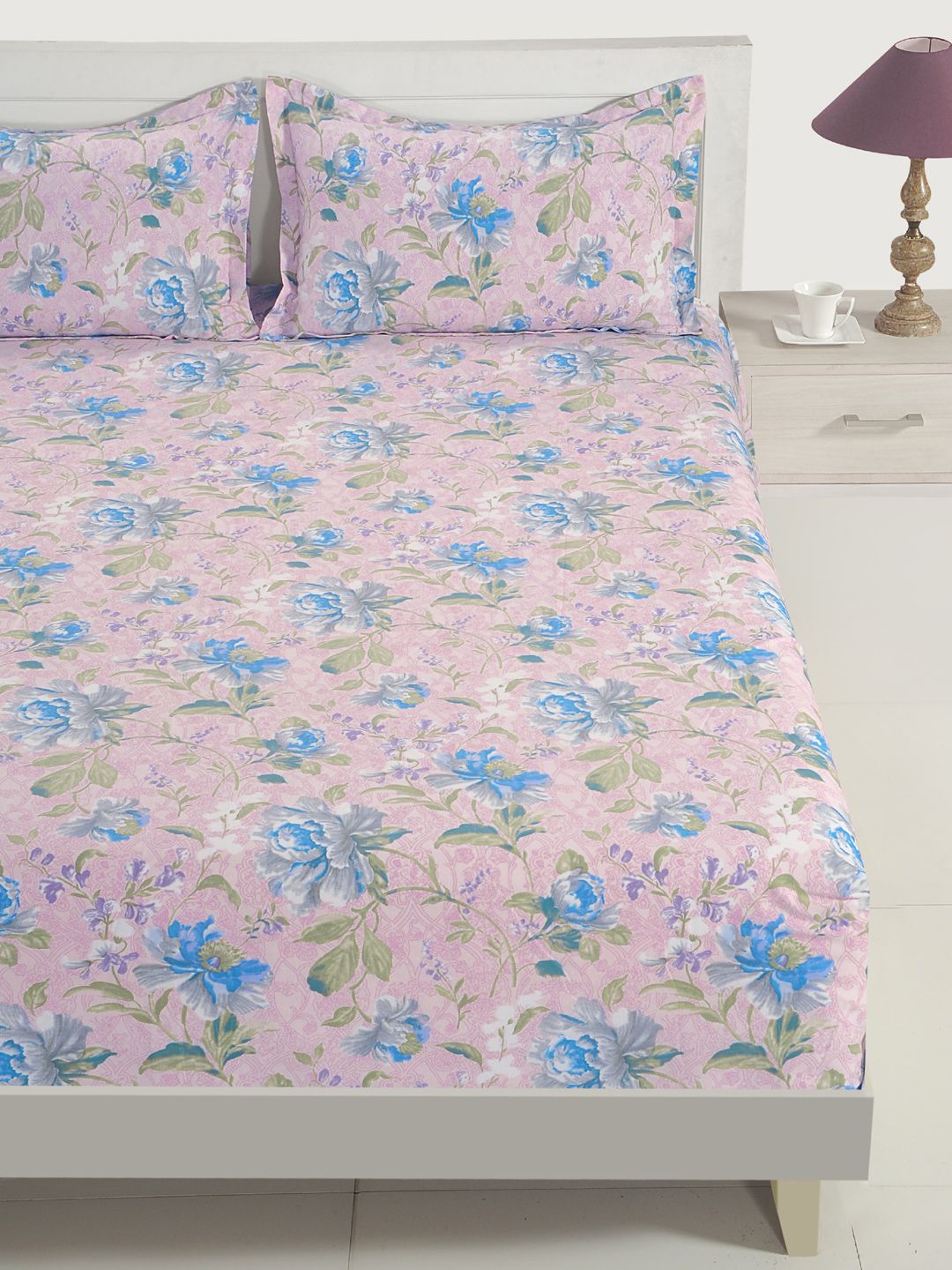 SWAYAM Pink & Blue Floral Flat 144 TC Cotton 1  Queen Bedsheet with 2 Pillow Covers Price in India