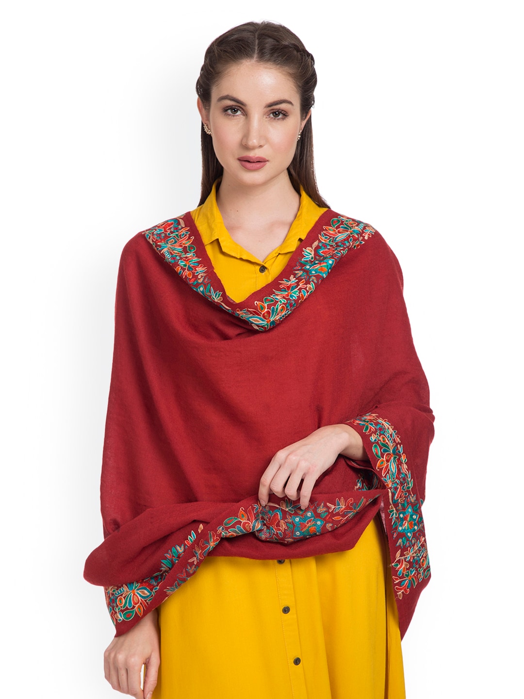 SHINGORA Women Red Floral Embroidered Woollen Shawl Price in India