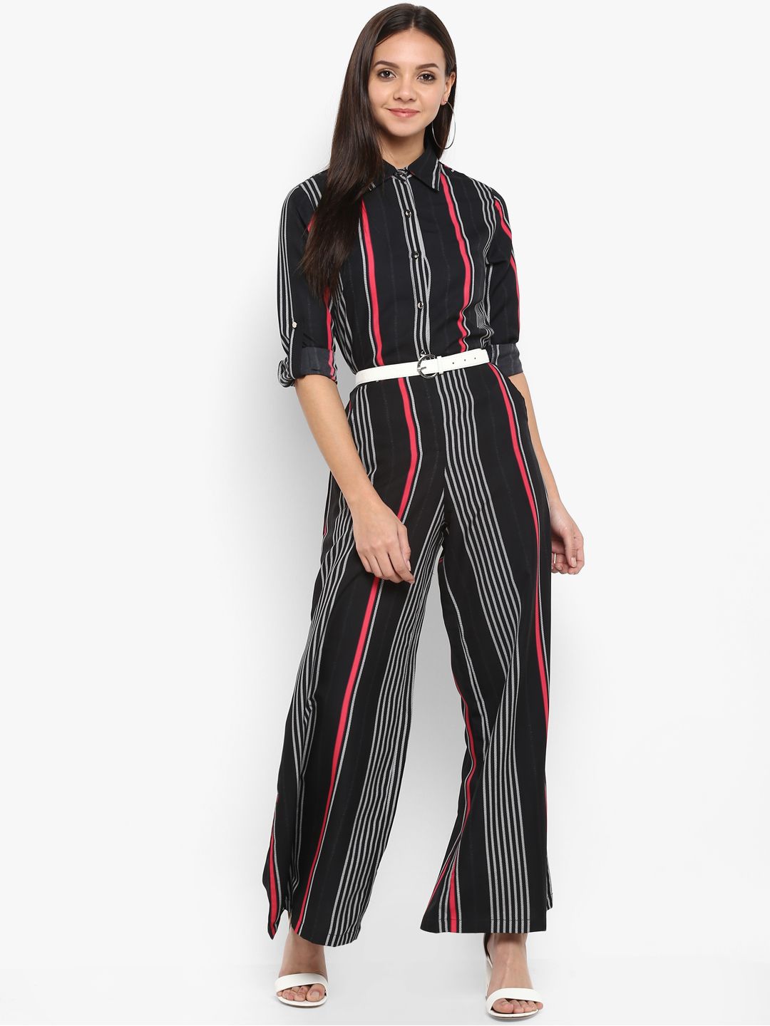 PURYS Black & White Striped Basic Jumpsuit Price in India