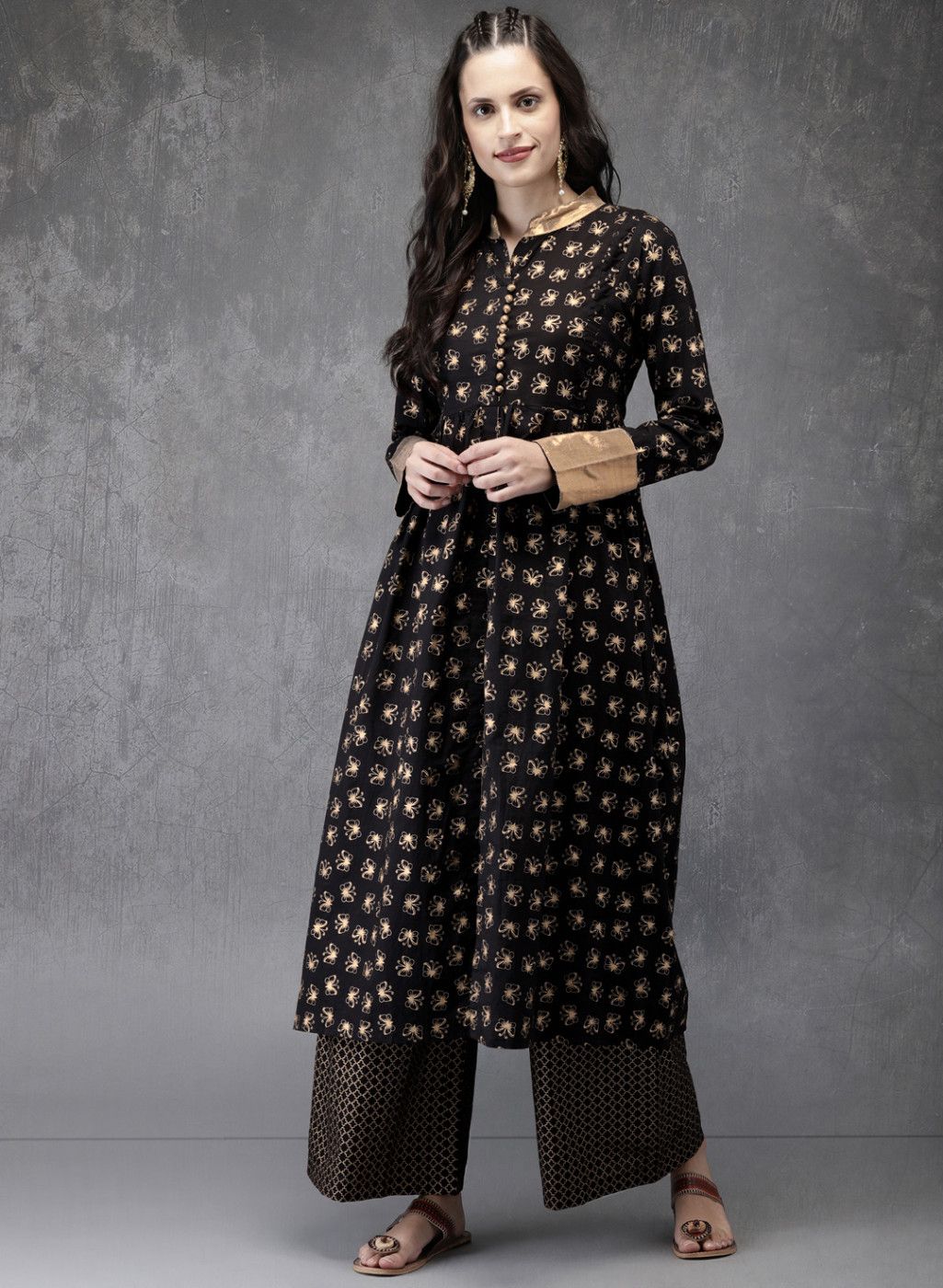 Anouk Black & Gold-Toned Printed Kurta with Palazzo