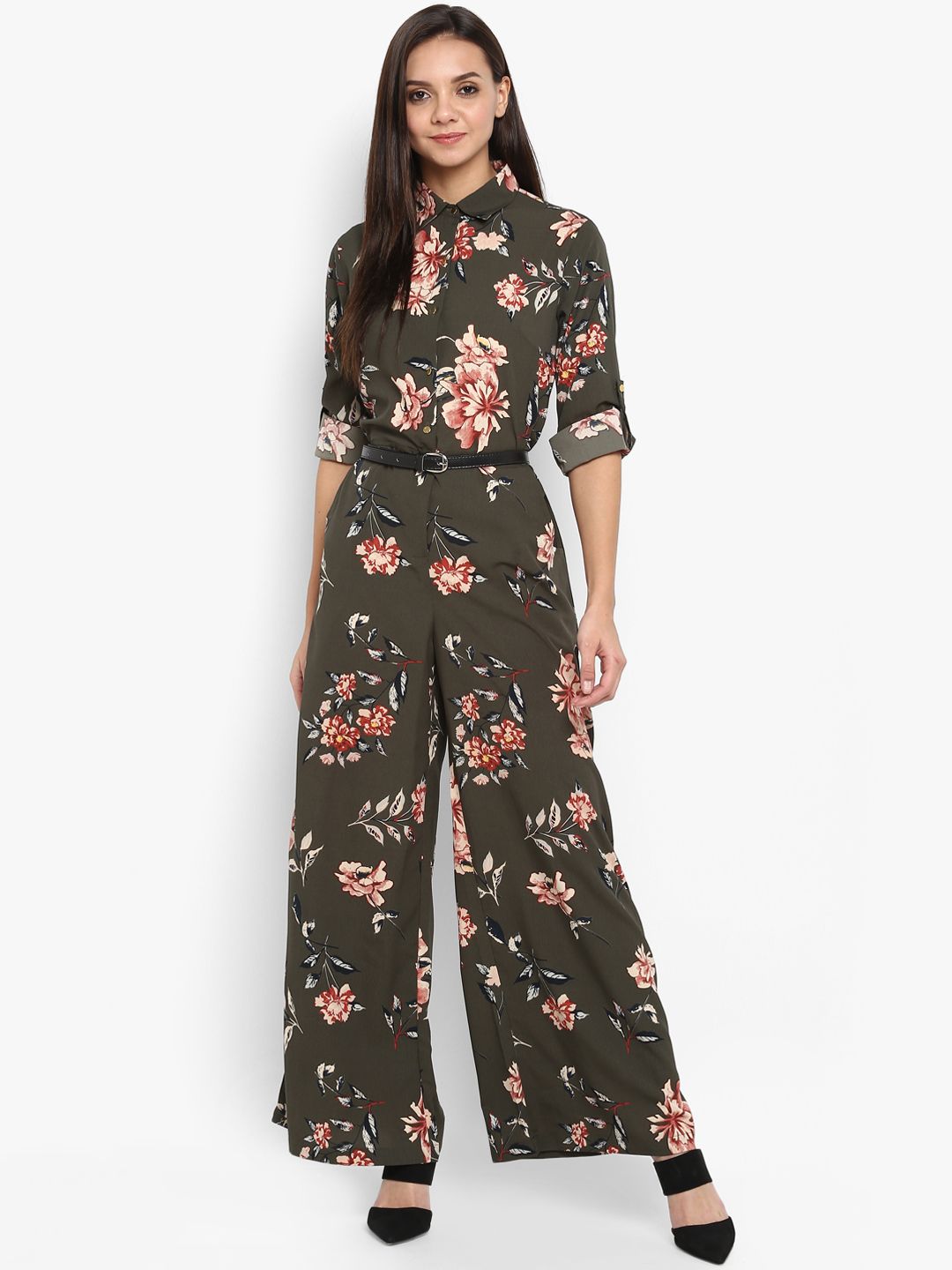 PURYS Olive Green Printed Basic Jumpsuit Price in India