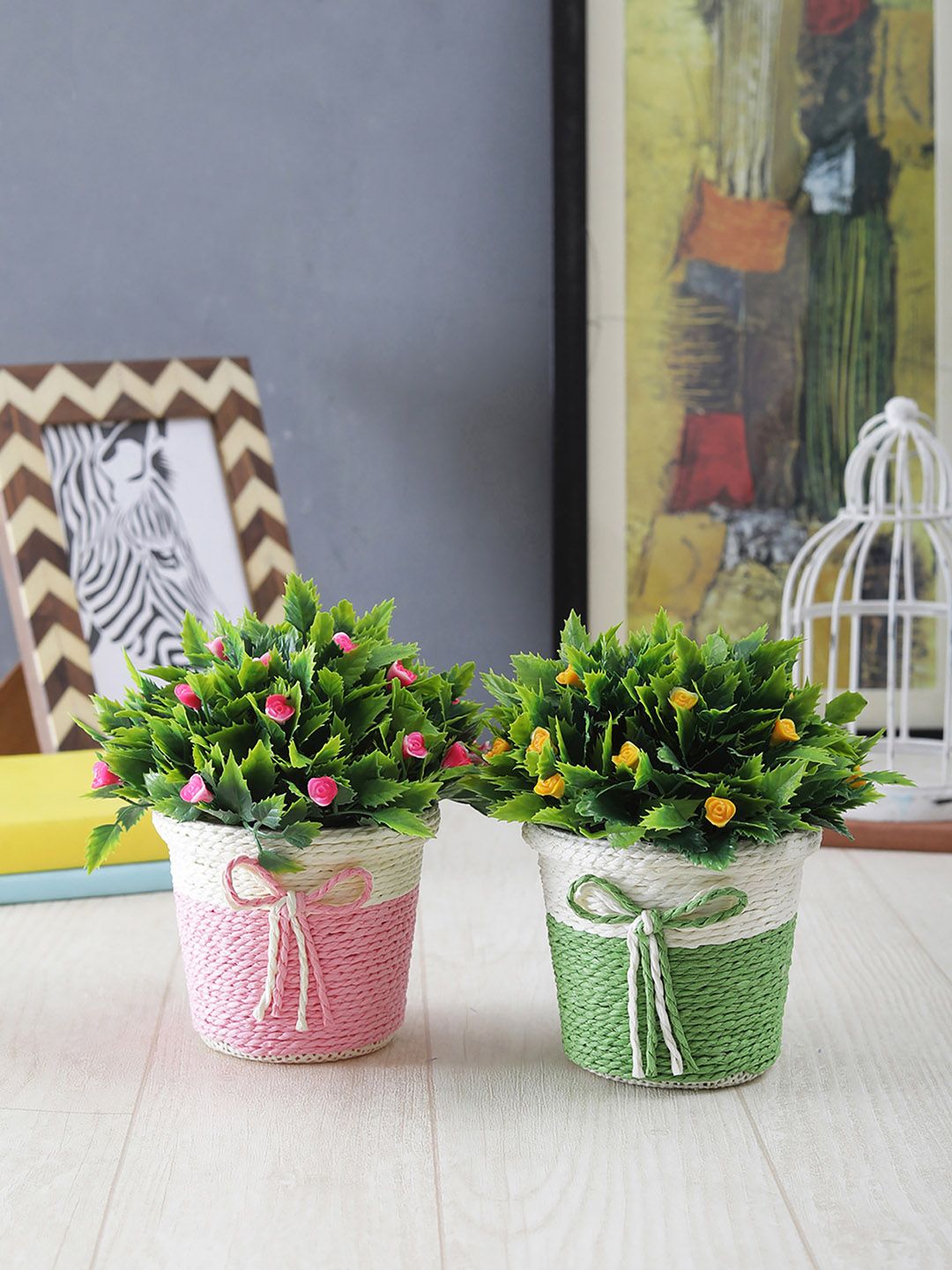 FOLIYAJ Set of 2 Green, Yellow & Pink Artificial Plants With Pots Price in India