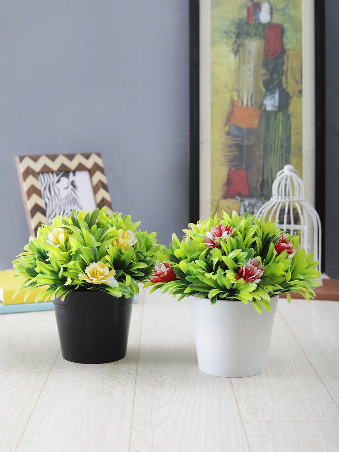 FOLIYAJ Set of 2 Green & Yellow Artificial Plants With Pots Price in India