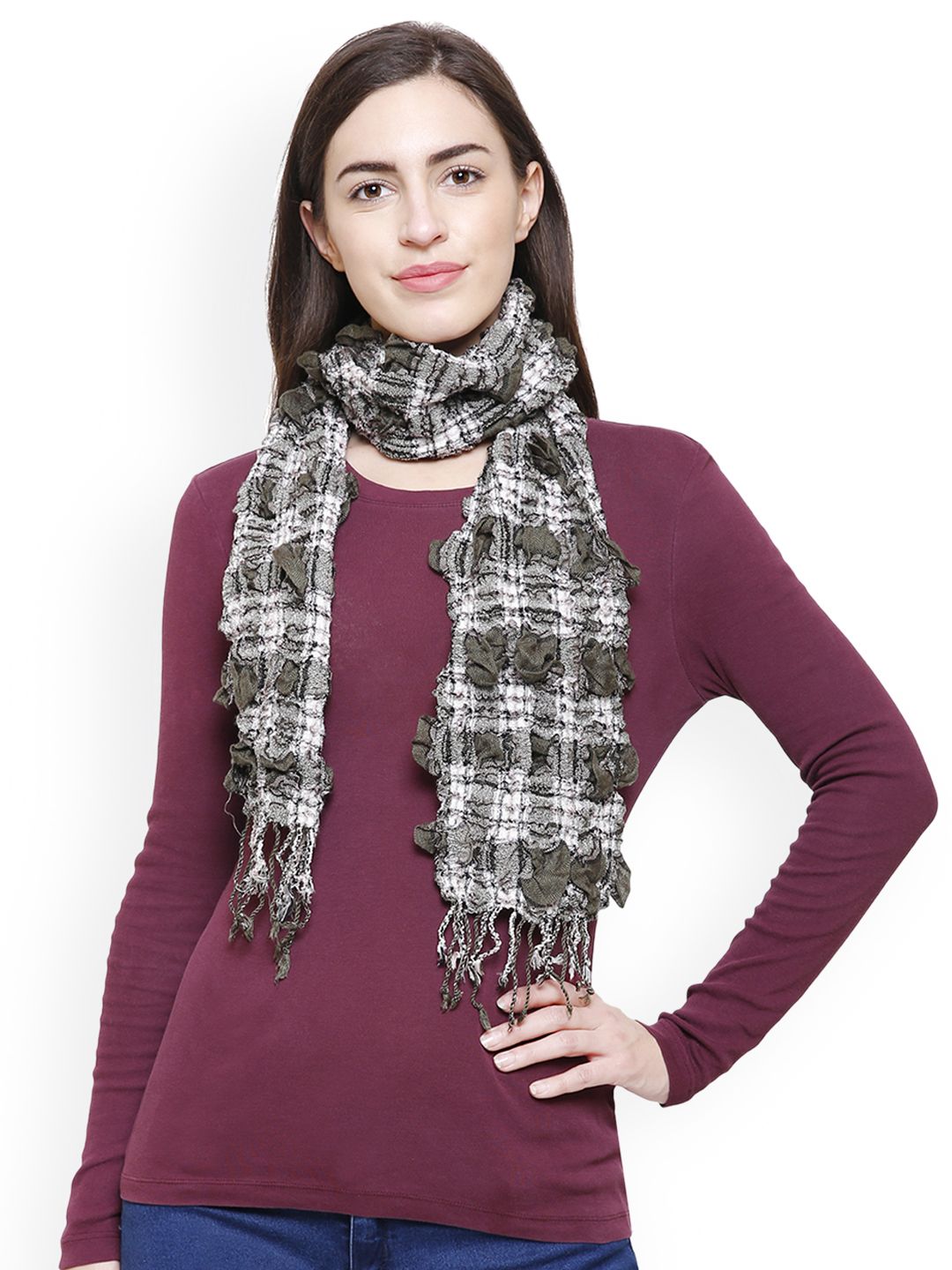 Anekaant Women Khaki & Pink Checked Scarf Price in India