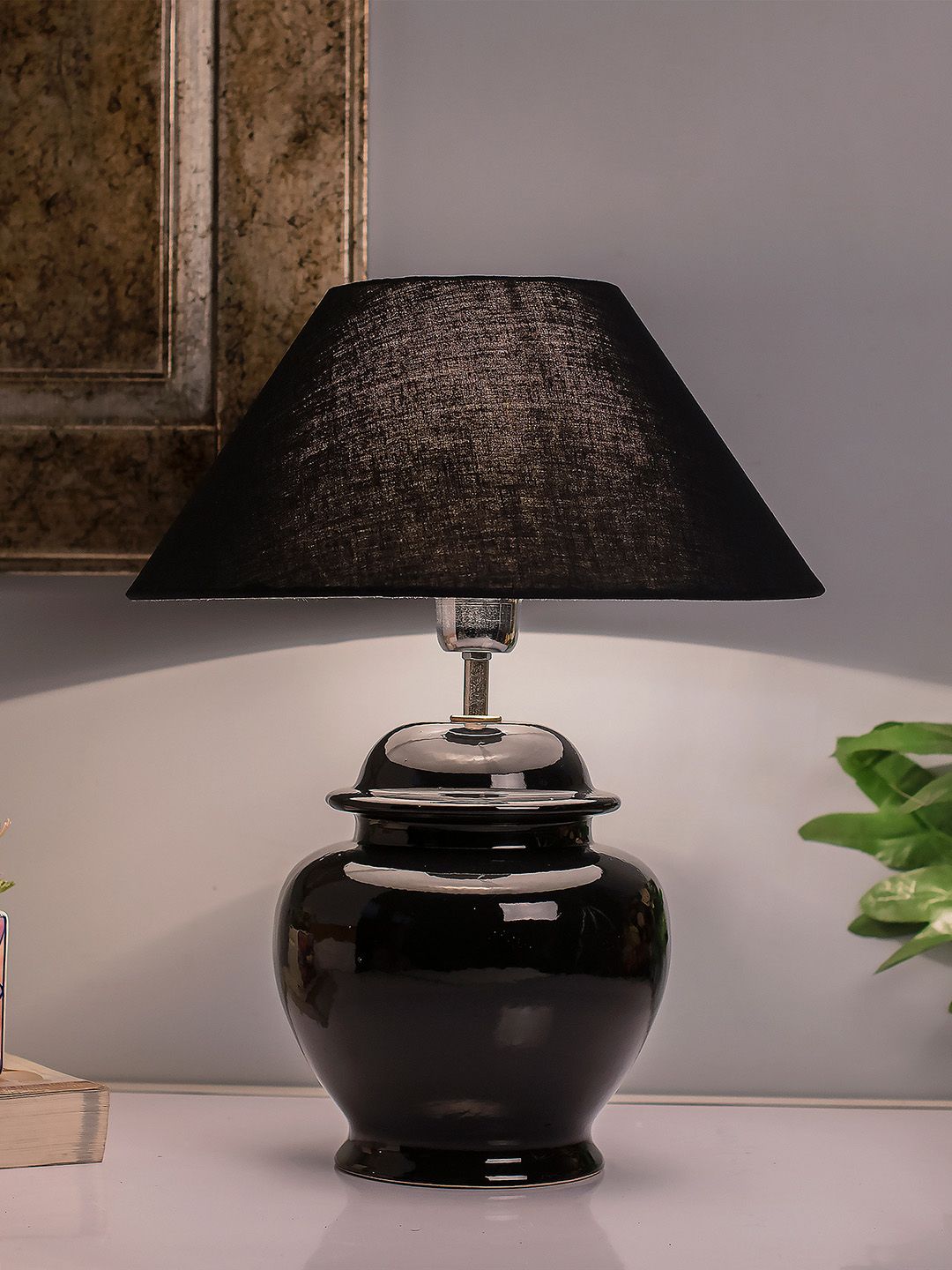 Homesake Black Solid Ceramic Pot Shaped Handcrafted Table Lamp with Shade Price in India