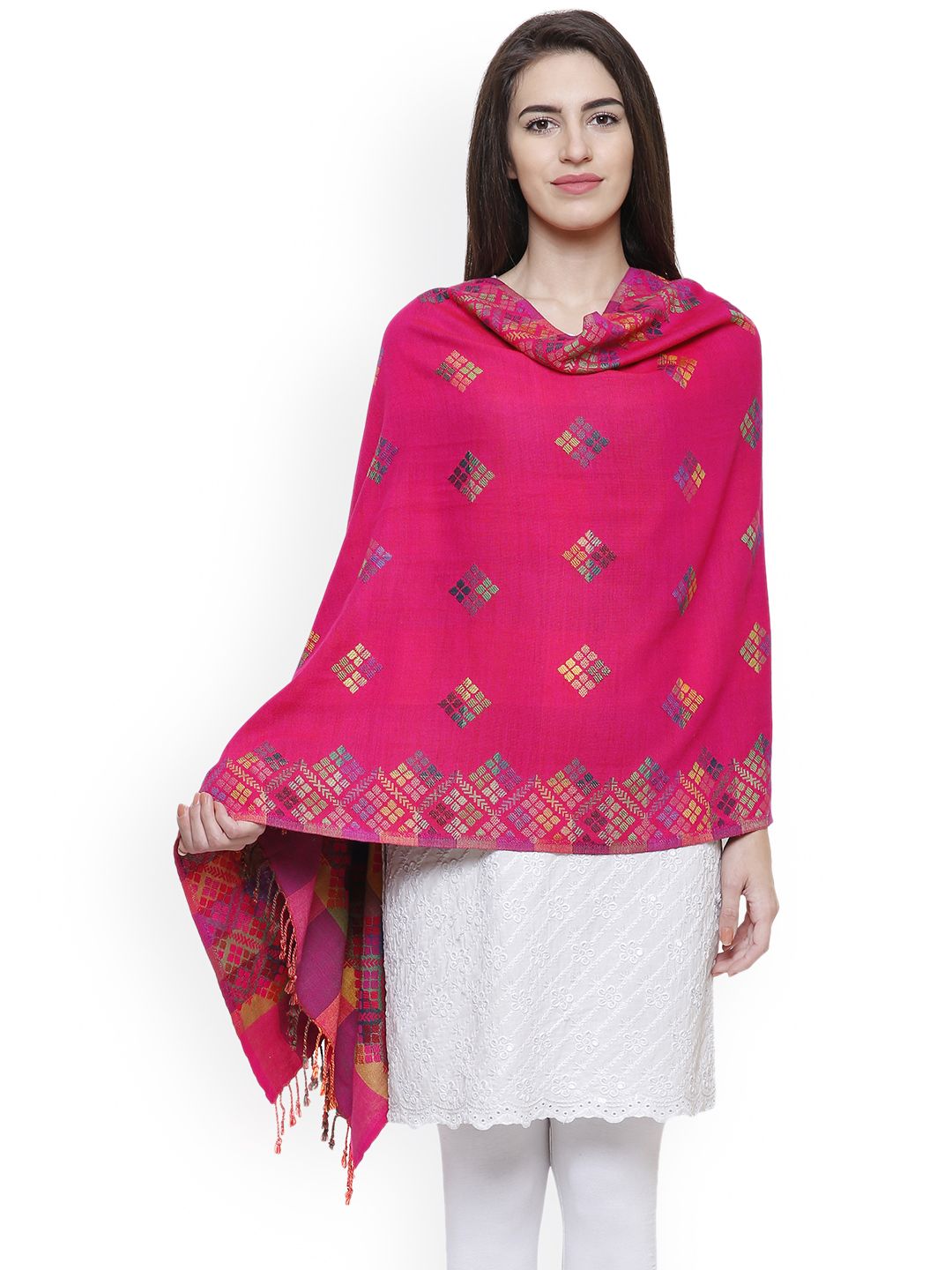 Anekaant Women Fuchsia Pink Woven Design Shawl Price in India