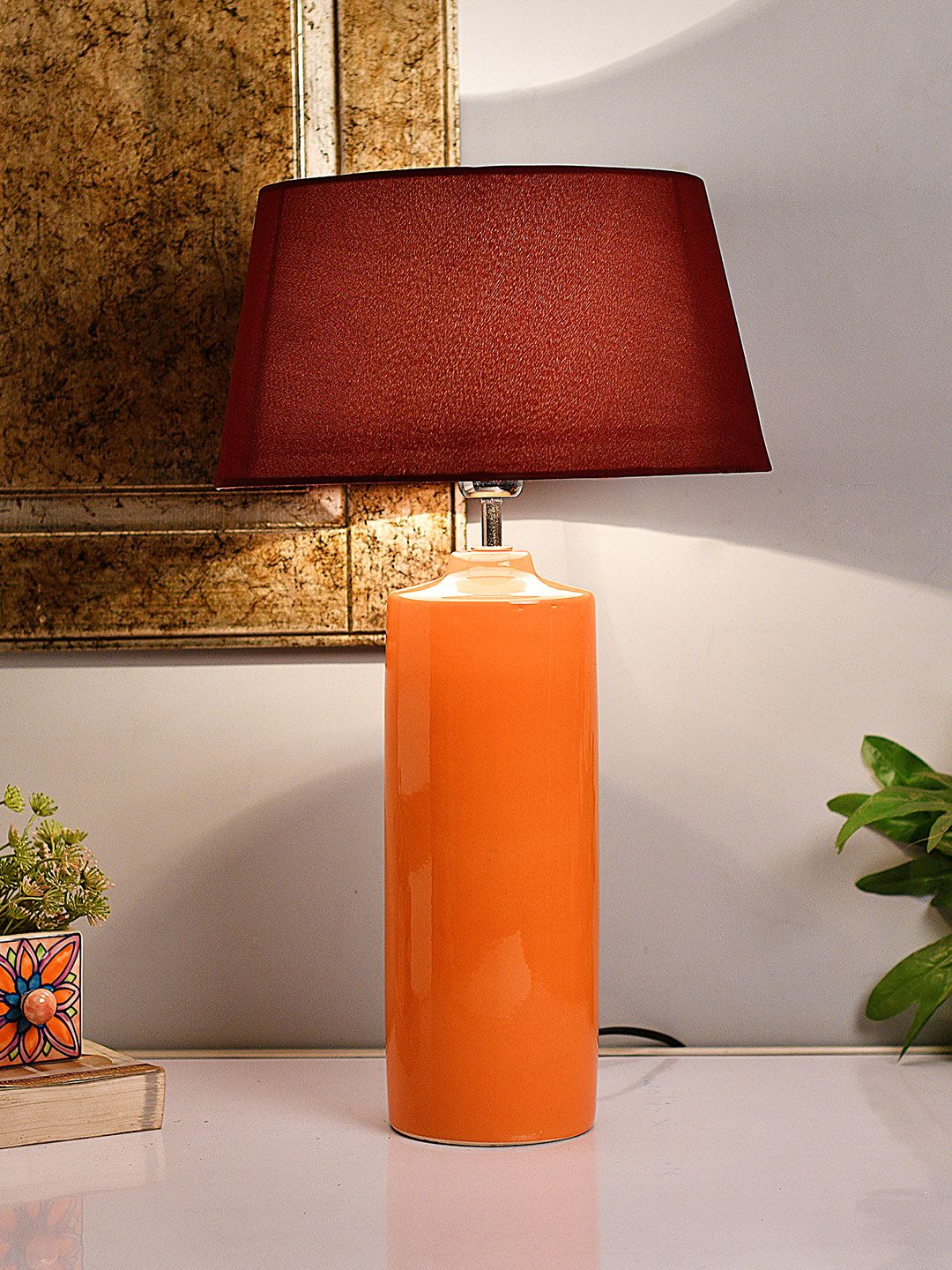 Homesake Orange & Red Colourblocked Bedside Standard Table Lamp with Shade Price in India