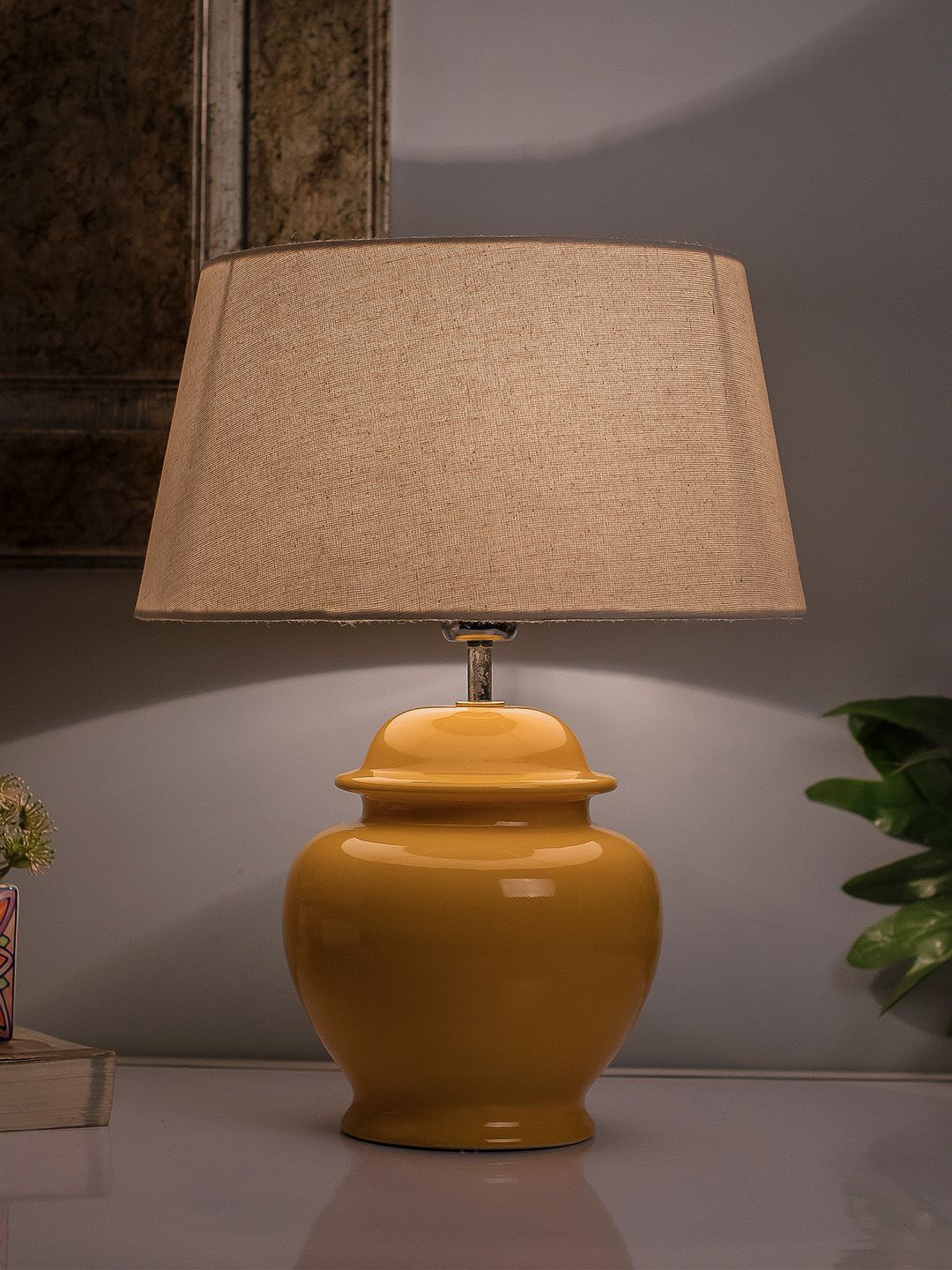 Homesake Yellow Solid Ceramic Pot Shaped Handcrafted Table Lamp with Shade Price in India