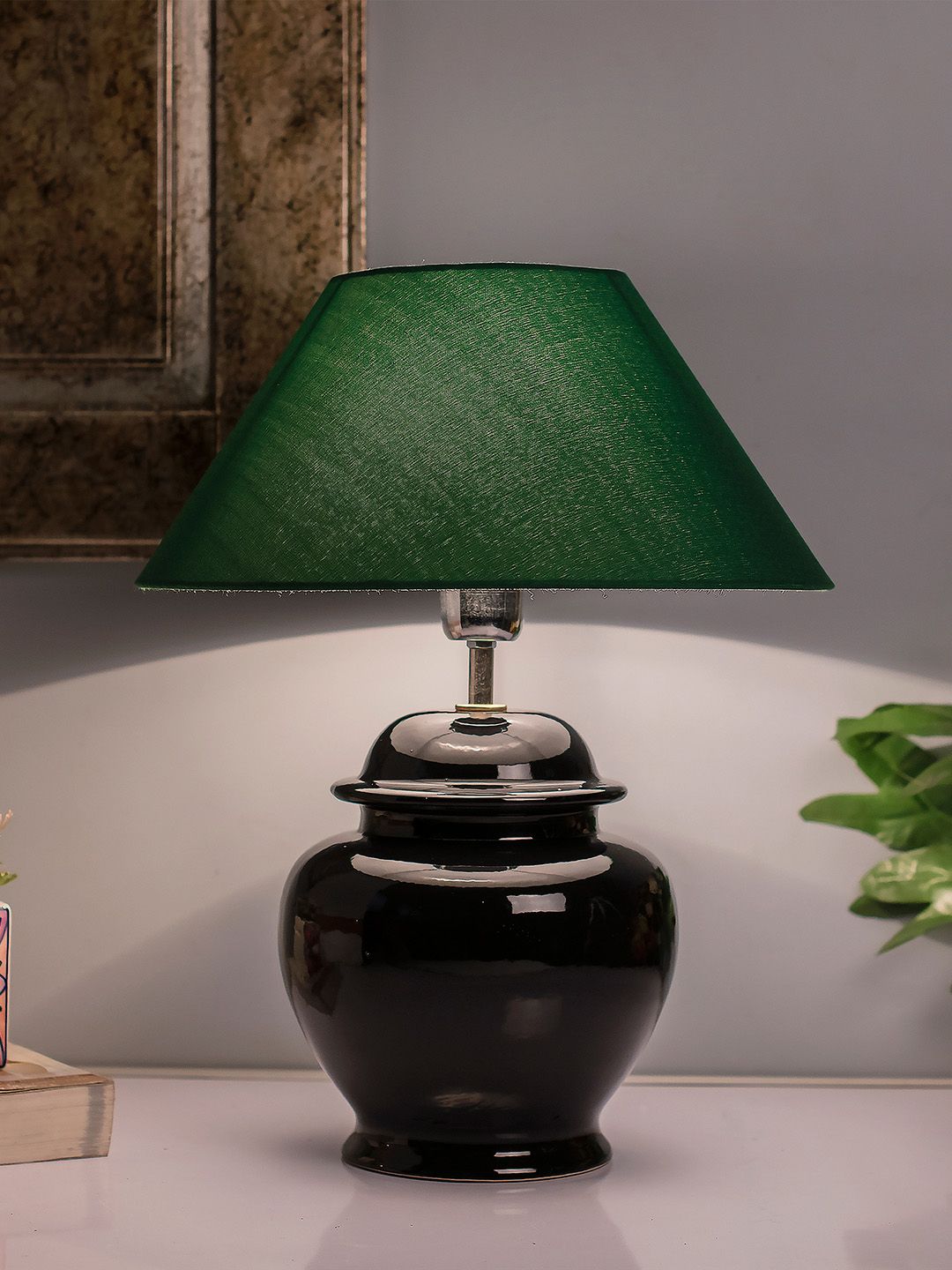 Homesake Black & Green Solid Handcrafted Bedside Standard Table Lamp with Shade Price in India