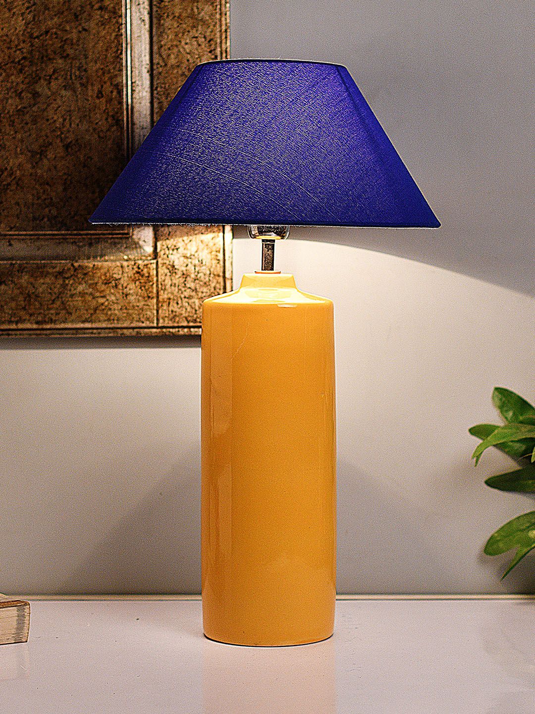 Homesake Yellow & Blue Solid Handcrafted Bedside Standard Table Lamp with Shade Price in India
