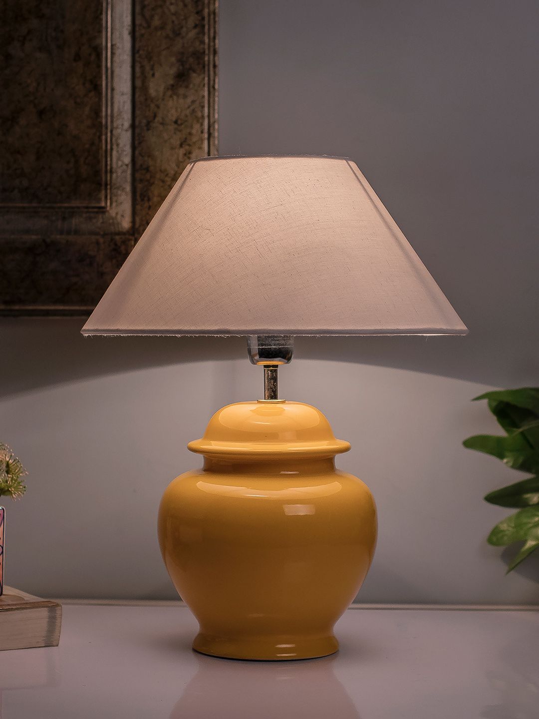 Homesake Yellow Solid Ceramic Pot Shaped Handcrafted Table Lamp with Shade Price in India