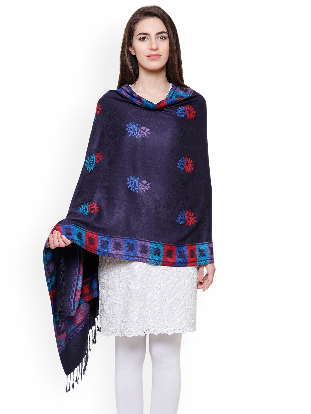 Anekaant Women Navy Blue Woven Design Shawl Price in India