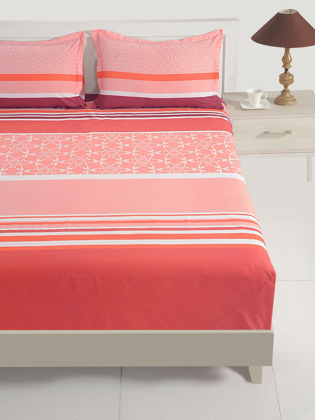 SWAYAM Coral Striped Flat 144 TC Cotton 1 Extra Large Bedsheet with 2 Pillow Covers Price in India
