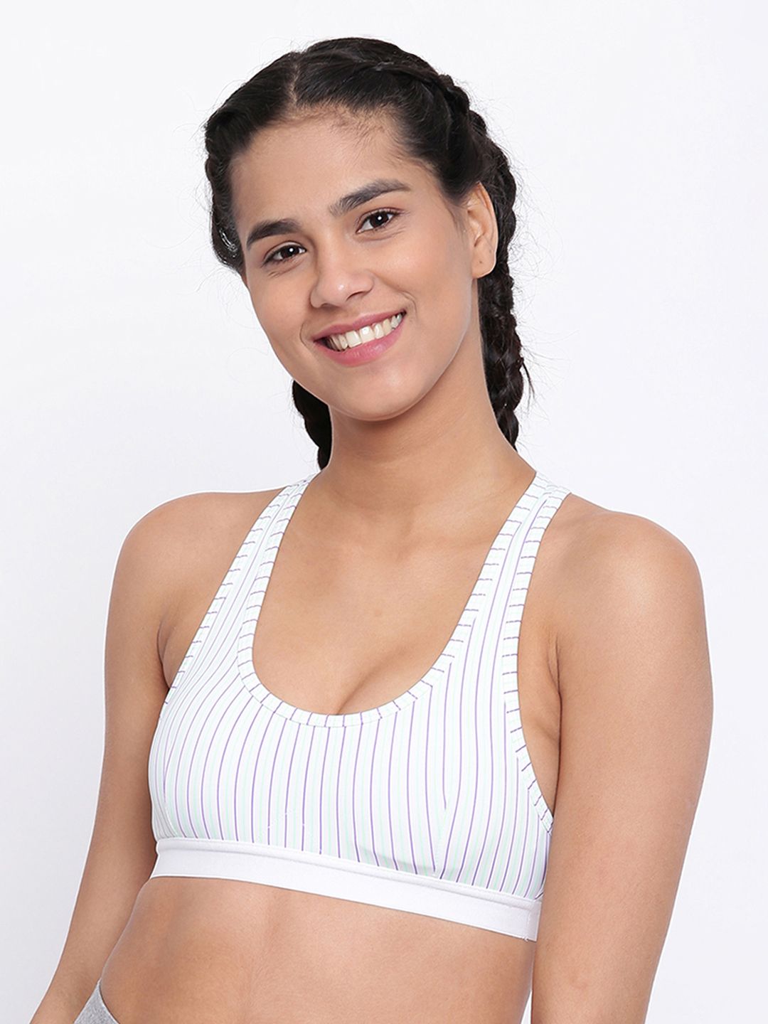 BRAG White & Purple Striped Non-Wired Lightly Padded Sports Bra SBD07PL01 Price in India