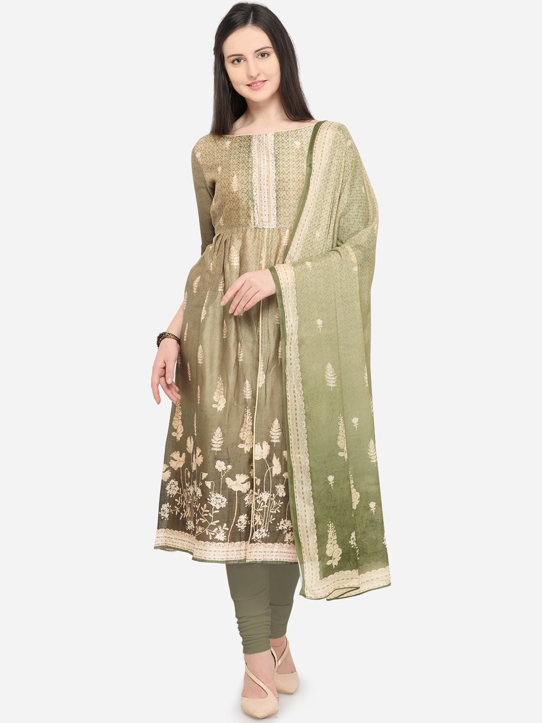 Rajnandini Olive Green & Golden Silk Blend Unstitched Dress Material Price in India