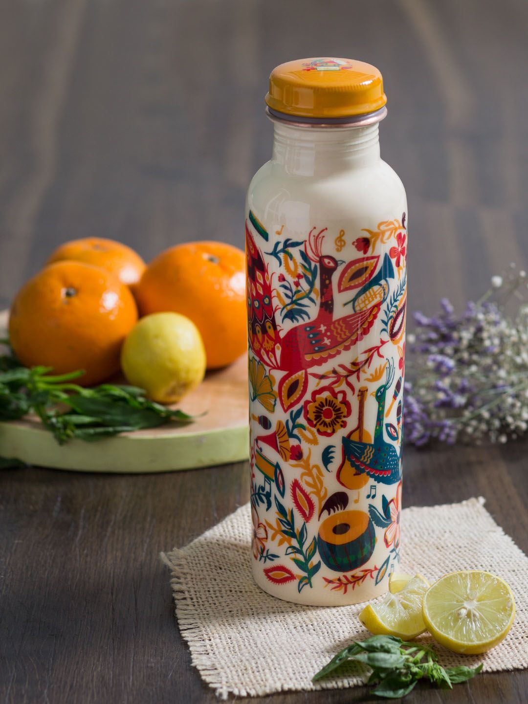 Chumbak White & Multicoloured Printed Copper Water Bottle 1 Litre Price in India