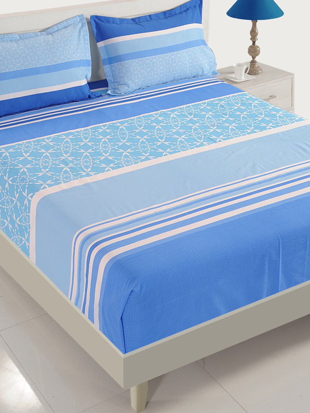 SWAYAM Blue & White Striped Fitted 144 TC Cotton 1 Queen Bedsheet with 2 Pillow Covers Price in India