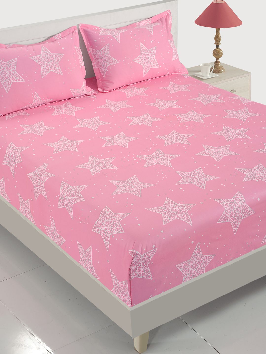 SWAYAM Pink & White Conversational Flat 200 TC Cotton 1 King Bedsheet with 2 Pillow Covers Price in India