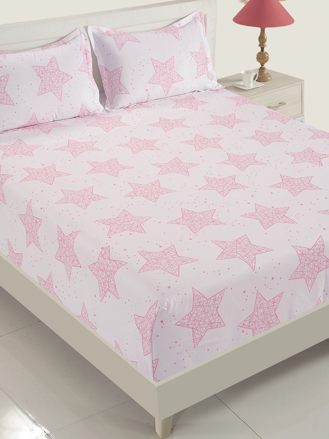 SWAYAM White & Pink Abstract Flat 200 TC Cotton 1 King Bedsheet with 2 Pillow Covers Price in India