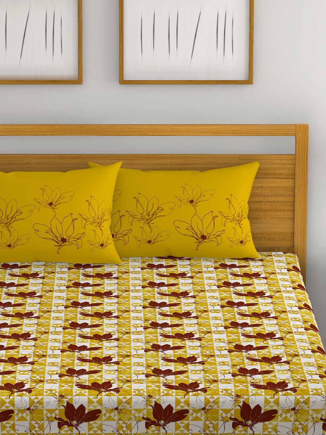 Trident Yellow Floral Flat 120 TC Cotton 1 Queen Bedsheet with 2 Pillow Covers Price in India