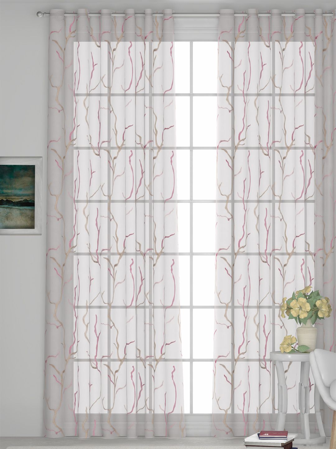 GM White & Pink Embroidered Sheer Door Curtain Price in India