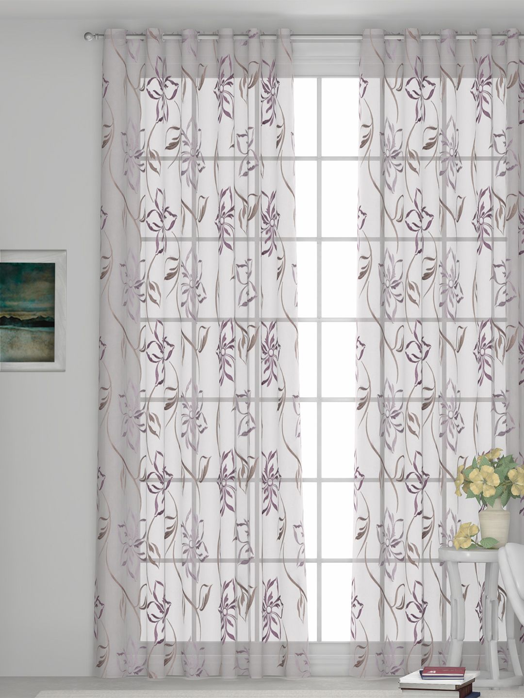 GM Off-White & Purple Embroidered Sheer Door Curtain Price in India
