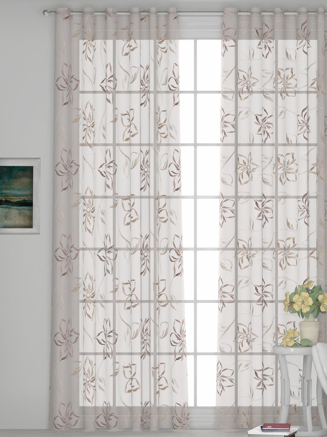 GM Off-White & Gold-Toned Embroidered Sheer Door Curtain Price in India