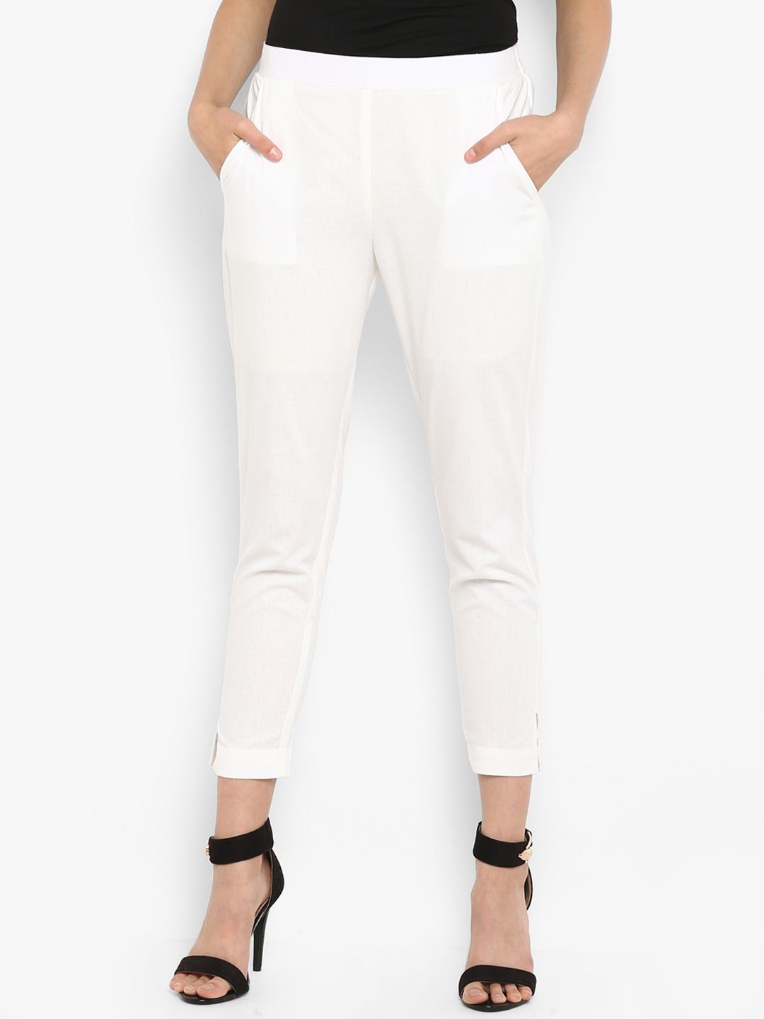 Janasya Women White Regular Fit Solid Cropped Cigarette Trousers Price in India