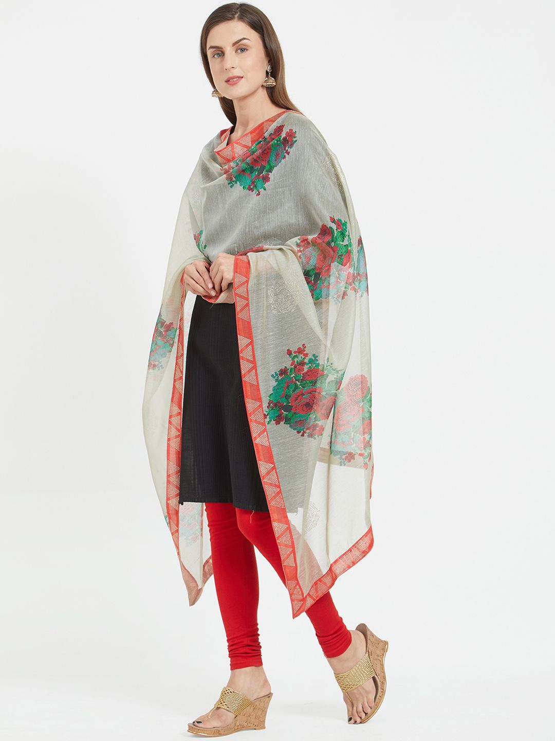 Dupatta Bazaar Off-White & Red Printed Dupatta